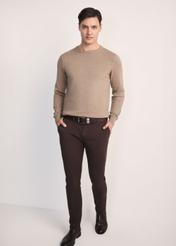 Camelowy bawełniany sweter męski SWEMT-0114A-24(Z25), produkt widoczny od przodu na modelu, widoczna cała sylwetka.