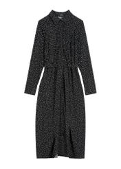 Czarna sukienka w kropki SUKDT-0258-9P(W26) - widok produktu z przodu, na białym tle. 