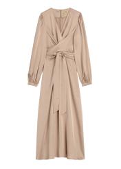 Beżowa sukienka midi SUKDT-0263-1B(W26) - widok produktu z przodu, na białym tle. 