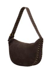 Brązowa zamszowa torebka damska hobo TORES-1384-1I(Z26) - widok produktu po skosie, na białym tle.