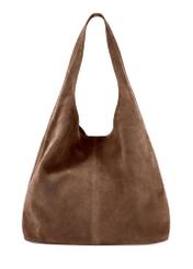 Brązowa zamszowa shopperka damska TORES-1177-1I(W26), widok produktu z tyłu na białym tle.