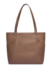 Skórzana torebka shopper w kolorze chłodnego beżu TORES-0980-1K(Z26) - widok produktu z tyłu, na białym tle.