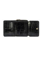 Mały skórzany czarny portfel damski croco PORES-0957-99(W25), widok wnętrza produktu na białym tle.