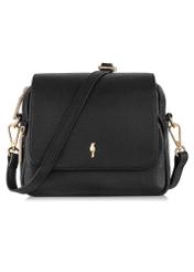 Czarna mała skórzana torebka damska TORES-0958E-9I(W26), widok produktu z przodu na białym tle.