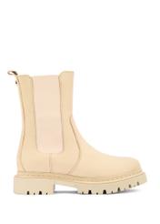 Beżowe skórzane sztyblety damskie BUTYD-1092-81(Z25), widok produktu od boku na białym tle.