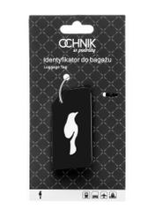 Czarny identyfikator do bagażu AW-012-0003-99(W26), widok produktu w opakowaniu na białym tle.