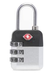 Srebrna szyfrowa kłódka TSA AW-015-0004-92(W25), widok produktu tyłem na białym tle.