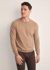 Camelowy sweter męski SWEMT-0186-24(Z25), widok produktu z przodu na modelu. Widoczna połowa sylwetki.