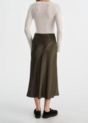 Satynowa spódnica midi w kolorze khaki SPCDT-0105-55(W25)-03