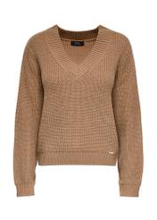 Women's camel V-neck sweater SWEDT-0162-83(Z24)-03