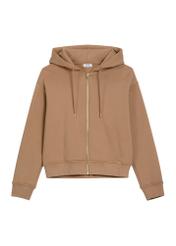 Rozpinana camelowa bluza damska z kapturem BLZDT-0122-1D(Z26) - widok produktu z przodu, na białym tle. 