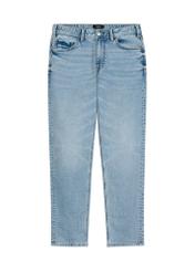 Niebieskie spodnie jeansowe męskie JEAMT-0021-7B(W26) - widok produktu z przodu, na białym tle. 