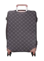 Brązowy pokrowiec na małą walizkę AW-013-0006-1P-S(W26), widok produktu z tyłu na walizce.