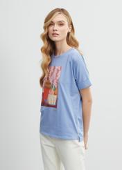 Błękitny T-shirt damski z printem TSHDT-0105-62(W23)