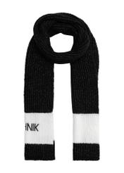 Czarny szalik damski z logo OCHNIK SZADT-0125A-99(Z25), widok zwiniętego produktu na białym tle.