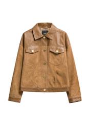 Beżowa skórzana kurtka damska KURDS-0572-1B(W26), widok produktu z przodu na białym tle.