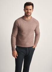 Camelowy sweter męski z wełną SWEMT-0171-24(Z25), widok produktu z przodu na modelu. Widoczna połowa sylwetki.
