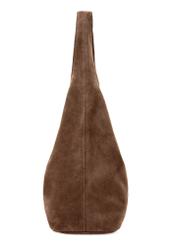 Brązowa zamszowa shopperka damska TORES-1177-1I(W26), widok produktu z boku na białym tle.