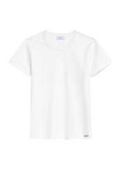 Biały bawełniany t-shirt damski TSHDT-0144-0B(Z26), produkt widoczny od przodu, na białym tle.