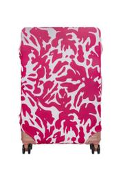 Różowy pokrowiec na dużą walizkę AW-013-0007-5P-L(W26), widok produktu z przodu na walizce.