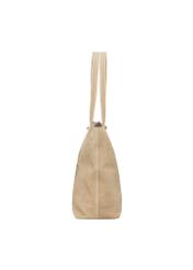 Torebka damska typu shopper w kolorze chłodnego beżu TORES-1407-1K(Z26) - widok produktu z boku, na białym tle. 