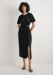 Czarna bawełniana sukienka midi SUKDT-0273-99(W26) - widok produktu z przodu, na białym tle. Widoczna cała sylwetka. 