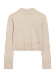 Jasnobeżowy sweter damski z wełny SWEDT-0244-1A(Z26), widok produktu z przodu na białym tle.