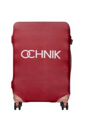 Czerwony pokrowiec na średnią walizkę z logo AW-013-0002-4B-M(W26), widok produktu z przodu na walizce.