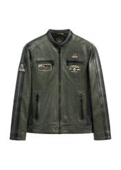 Skórzana kurtka męska w kolorze khaki KURMS-0399-8D(W26) - widok produktu z przodu, na białym tle.