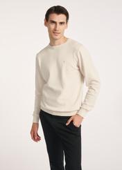 Beżowy bawełniany sweter męski SWEMT-0114A-80(Z25), widok produktu z przodu na modelu, widoczne pół sylwetki.