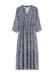 Granatowa sukienka w kwiaty z wiskozy SUKDT-0268-7P(W26), widok produktu z przodu na białym tle.