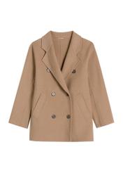 Krótki płaszcz damski w kolorze camelu PLADT-0059-1D(W26), widok produktu z przodu na białym tle.