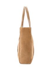 Beżowa zamszowa torebka shopper damska TORES-1248-1B(W26)- widok produktu z boku, na białym tle.  
