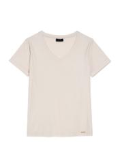 Beżowy T-shirt damski w serek TSHDT-0118A-80(Z25), widok produktu z przodu na białym tle.