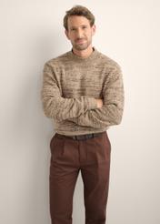 Brązowy sweter męski SWEMT-0194-1K(Z26), widok produktu od przodu na modelu. Widoczna połowa sylwetki.