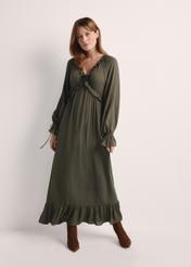 Sukienka maxi w kolorze khaki SUKDT-0248-55(Z25). produkt widoczny z przodu, widoczna cała sylwetka.