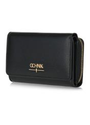 Czarny duży portfel skórzany damski PORES-0930A-99(Z25) - widok produktu po skosie na białym tle. 