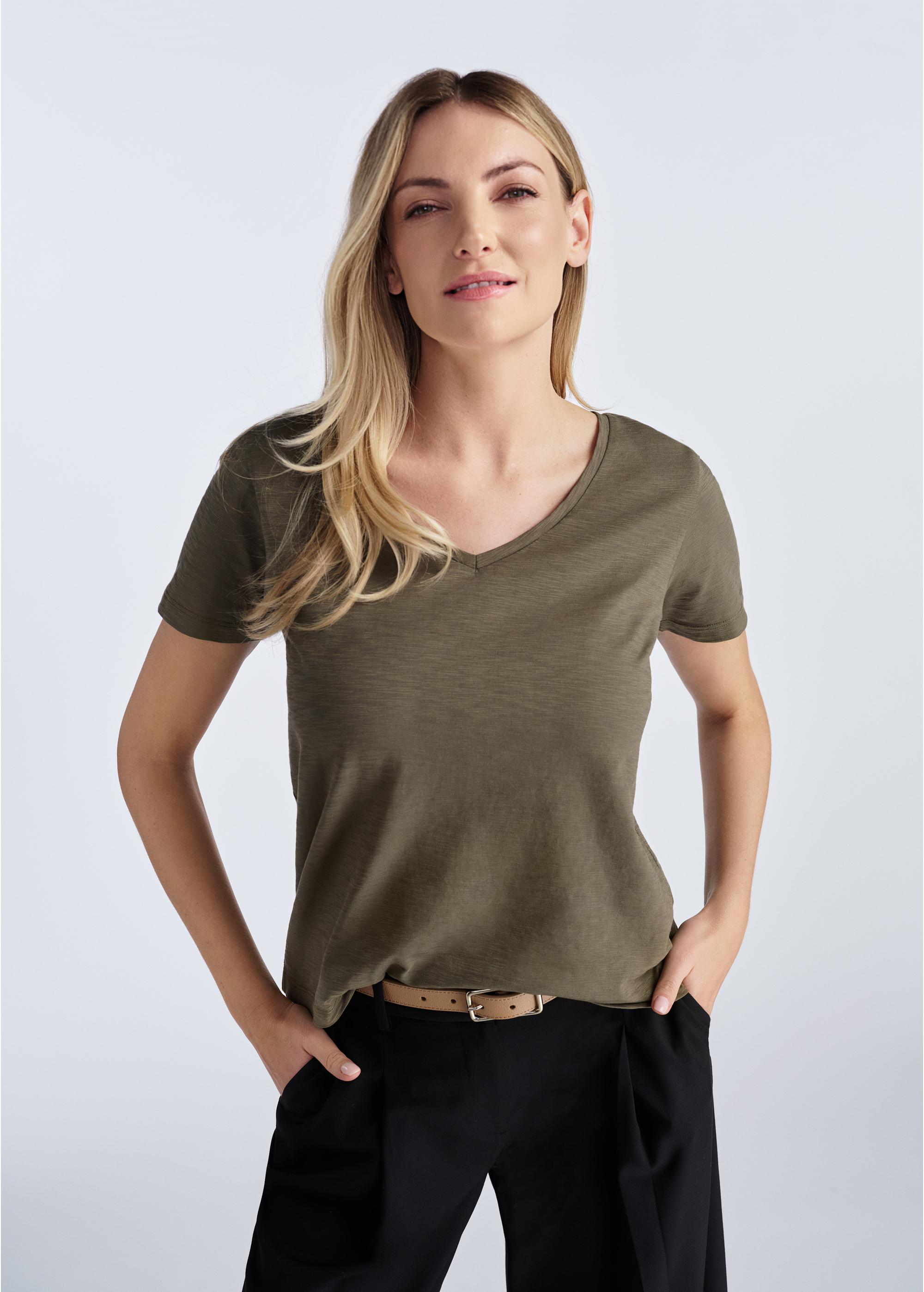 Bawełniany T-shirt damski khaki TSHDT-0135-55(W25)-01