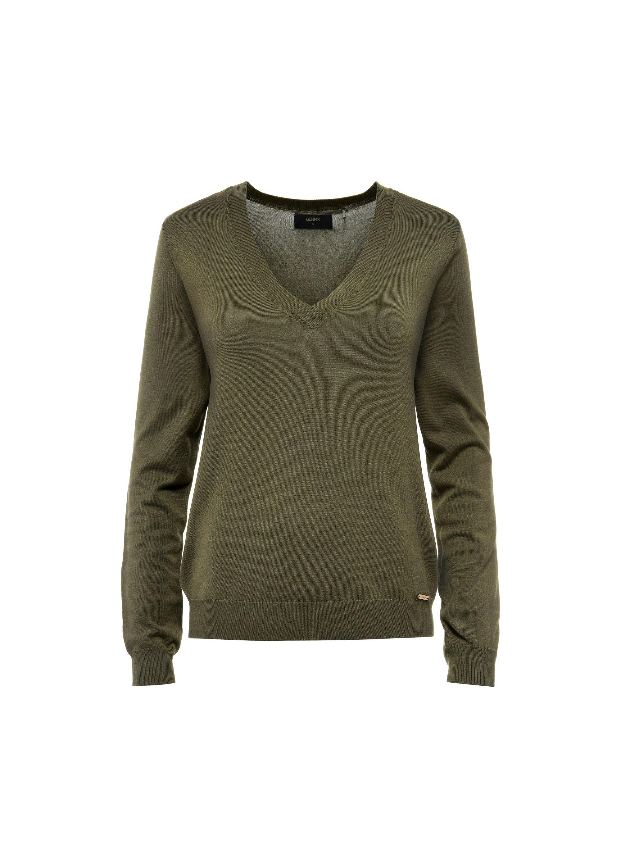 Sweter damski z dekoltem V-neck w kolorze khaki SWEDT-0201-54(W25)-04