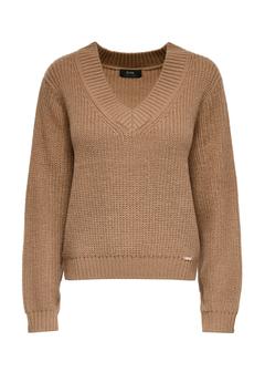 Camelowy sweter dekolt V damski SWEDT-0162-83(Z24)