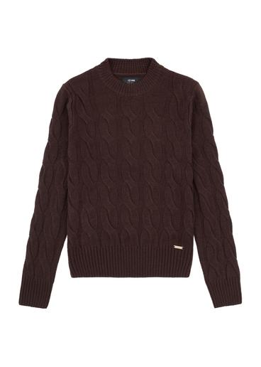 Czekoladowy sweter damski z ozdobnym splotem SWEDT-0210-1I(Z26)