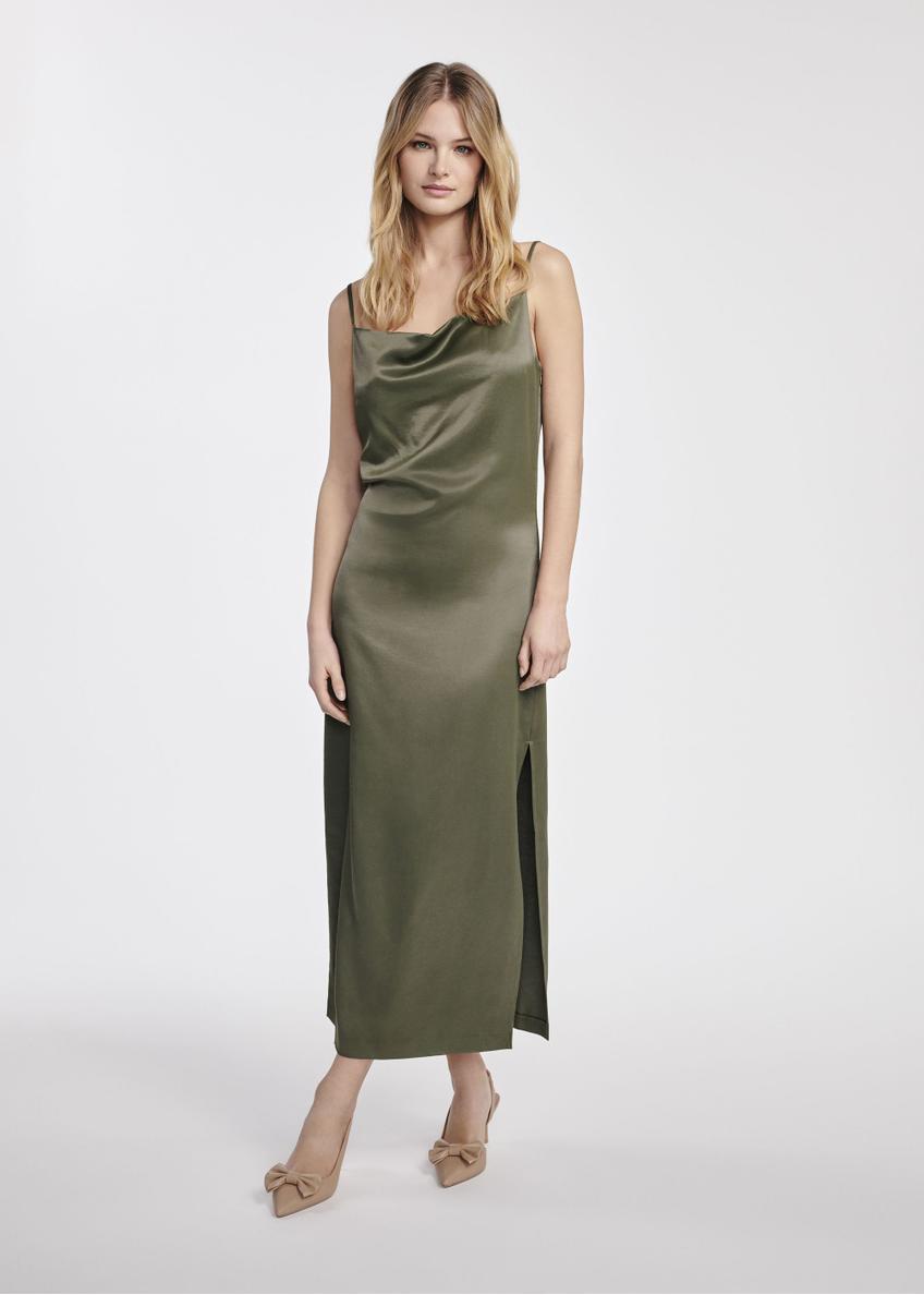 Sukienka khaki z satynowego materiału SUKDT-0218-55(W25)-02