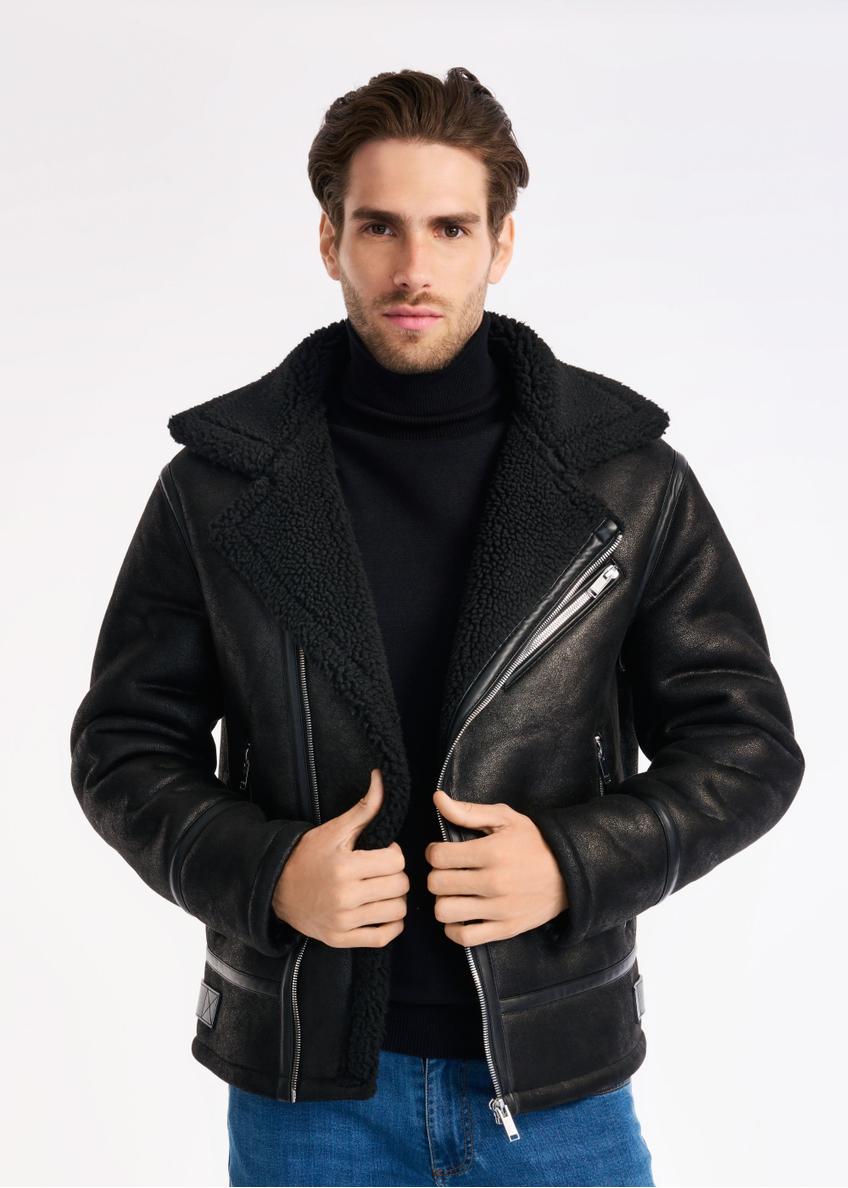 Classic black men's sheepskin coat KOZMP-0001-99(Z24)-01