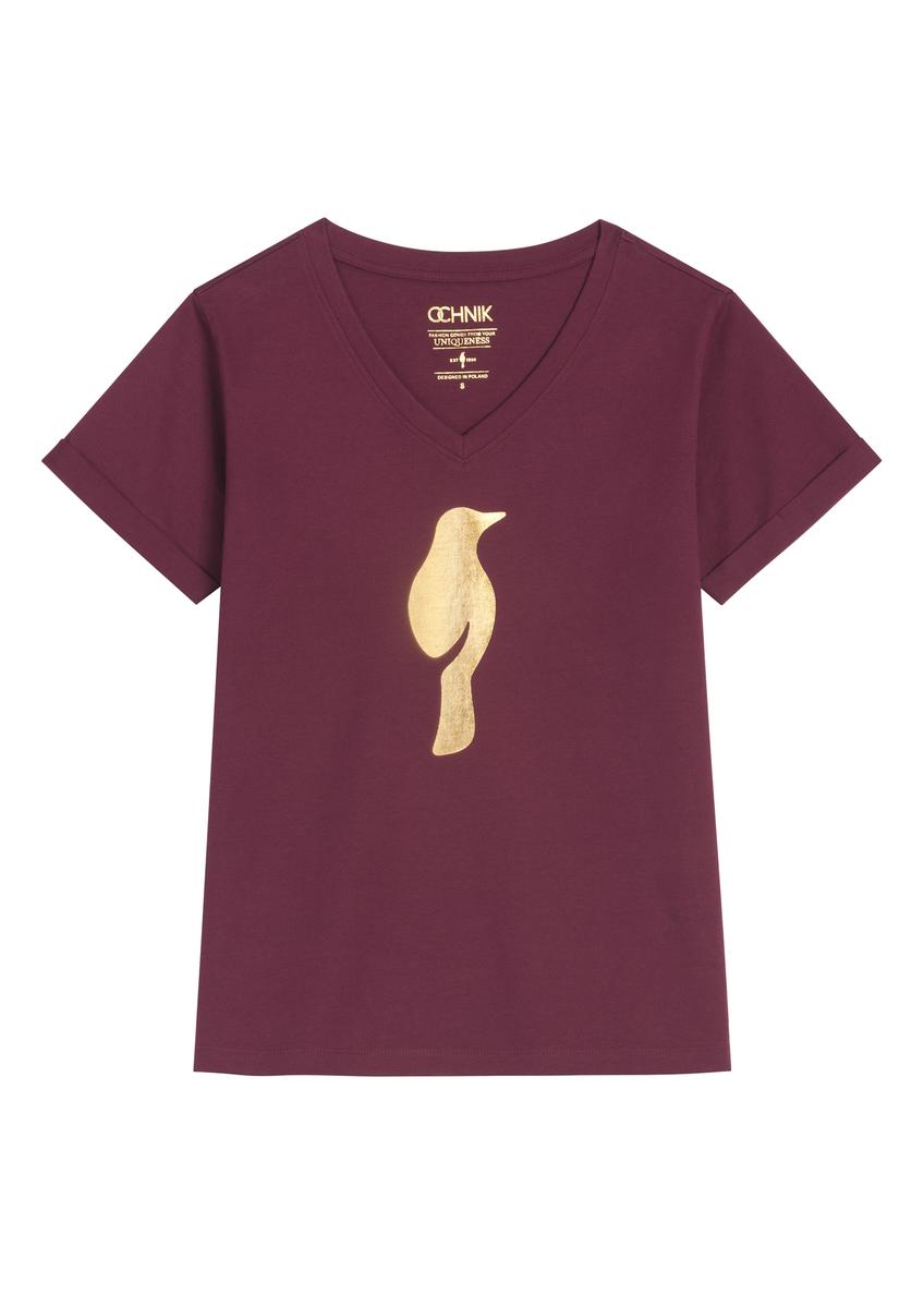 Bordowy t-shirt damski TSHDT-0149-4D(Z26), widok produktu od przodu na białym tle.