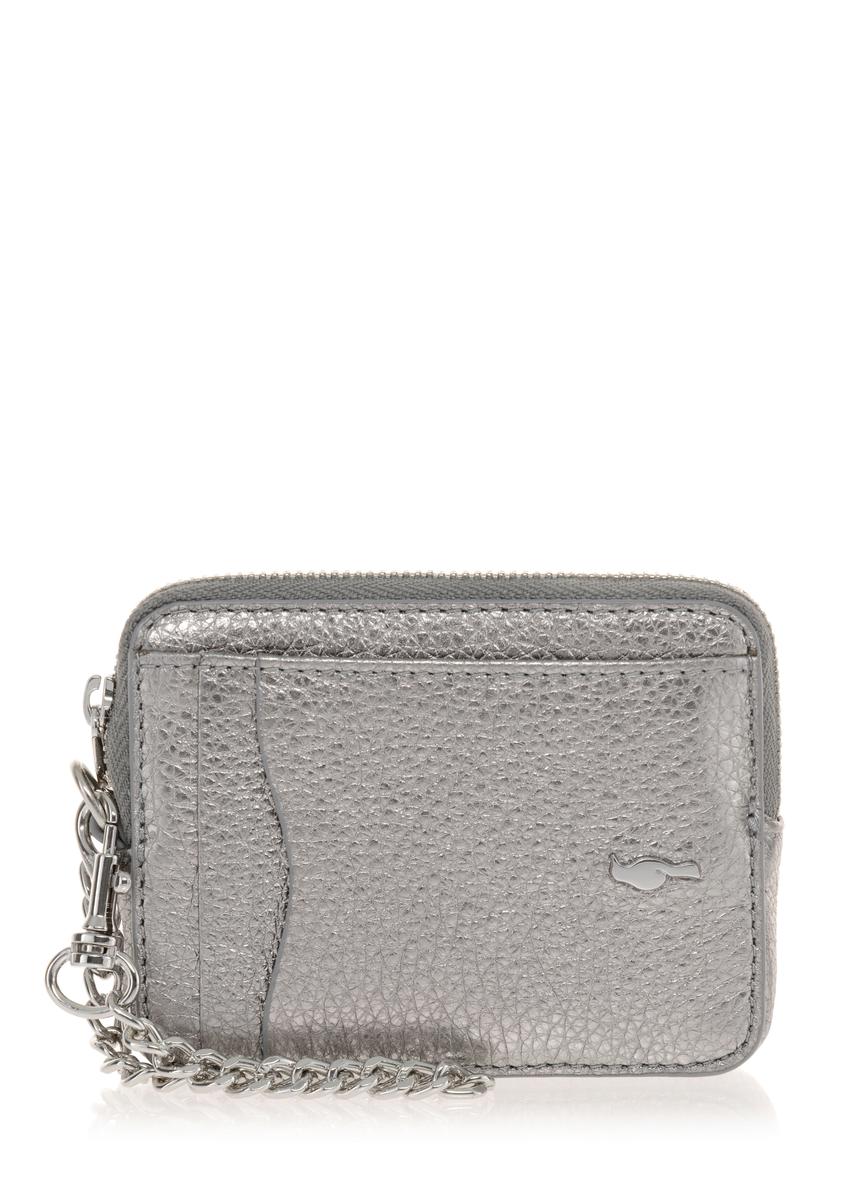 Mały srebrny skórzany portfel z  łańcuszkiem PORES-0873-92(Z23)