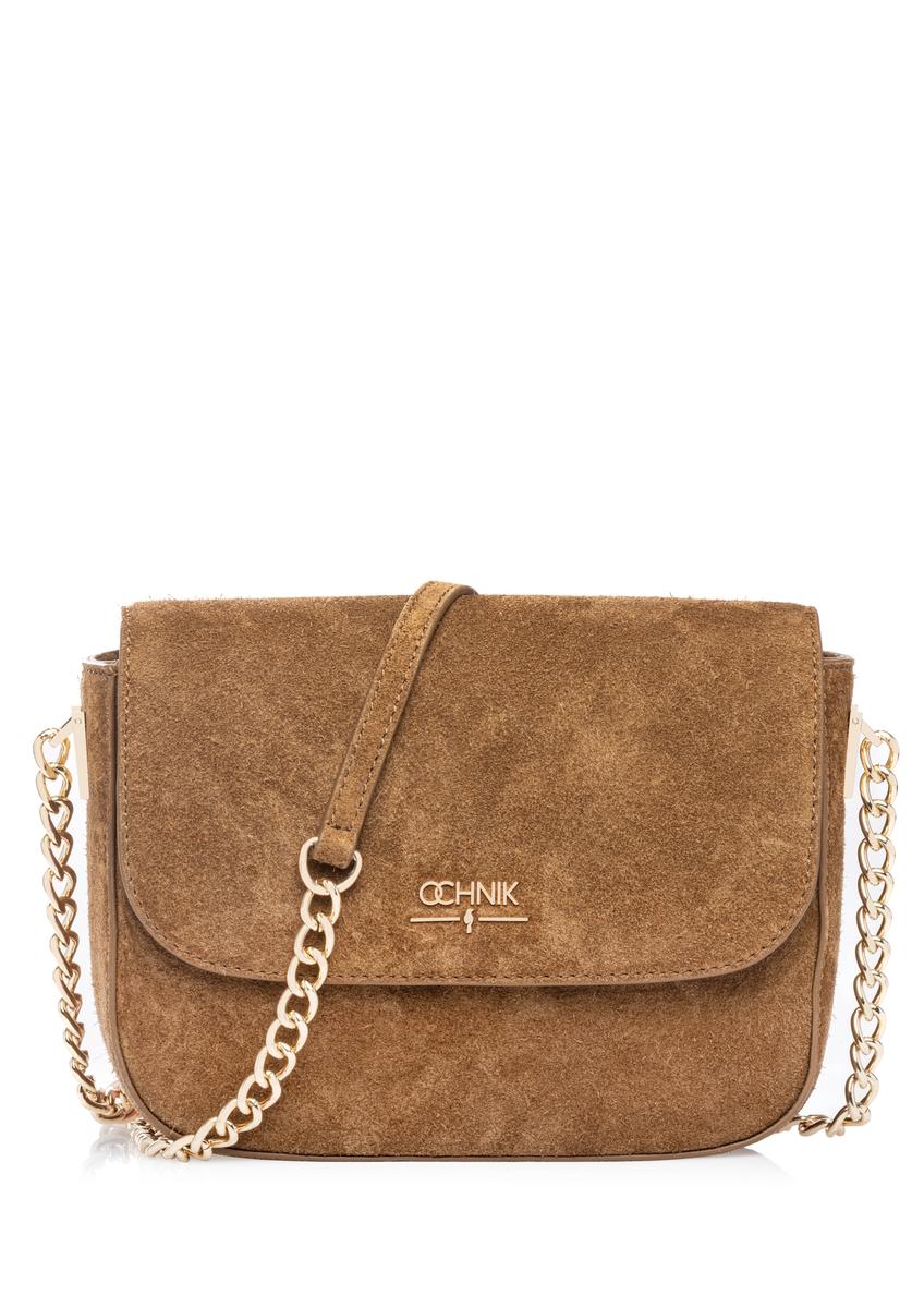 Zamszowa listonoszka damska w kolorze camelu TORES-1304-1D(W26) - widok produktu z przodu, na białym tle.