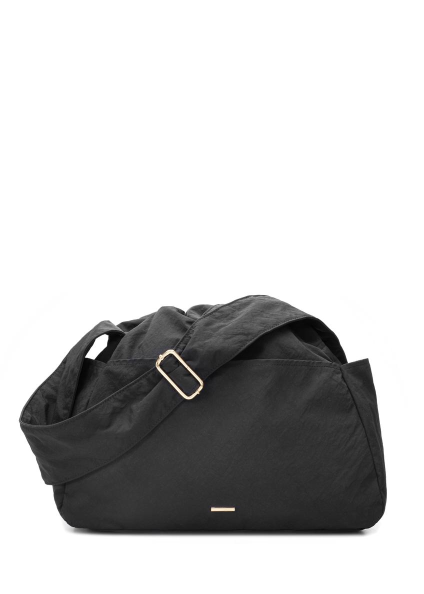 Czarna nylonowa torebka typu worek TOREN-0337-99(W26), widok produktu z przodu na białym tle.