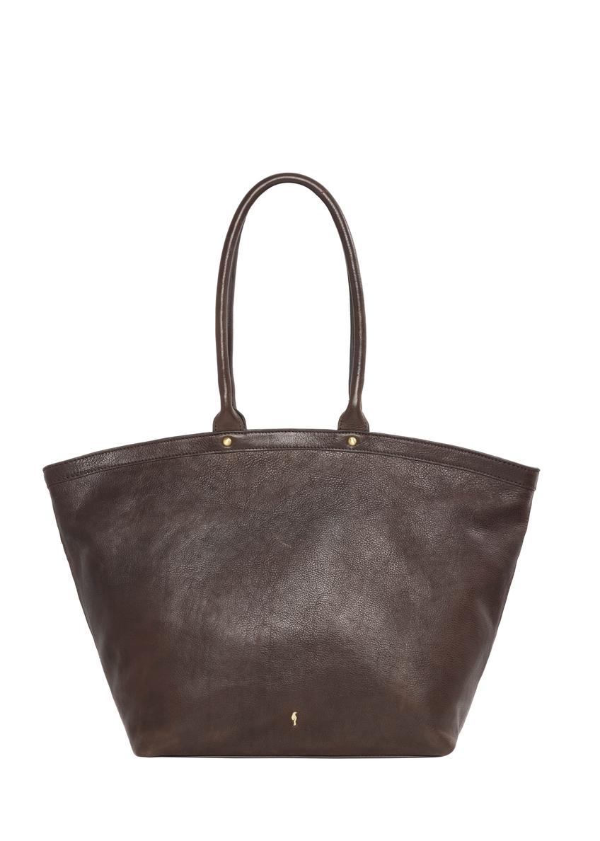 Brązowa skórzana torebka damska typu shopper TORES-1380-1H(Z26), widok produktu z przodu na białym tle.