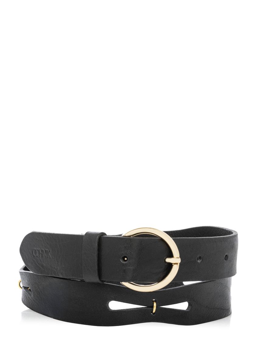 Czarny skórzany pasek damski PASDS-0342-99(W26) - widok produktu z przodu, na białym tle. 