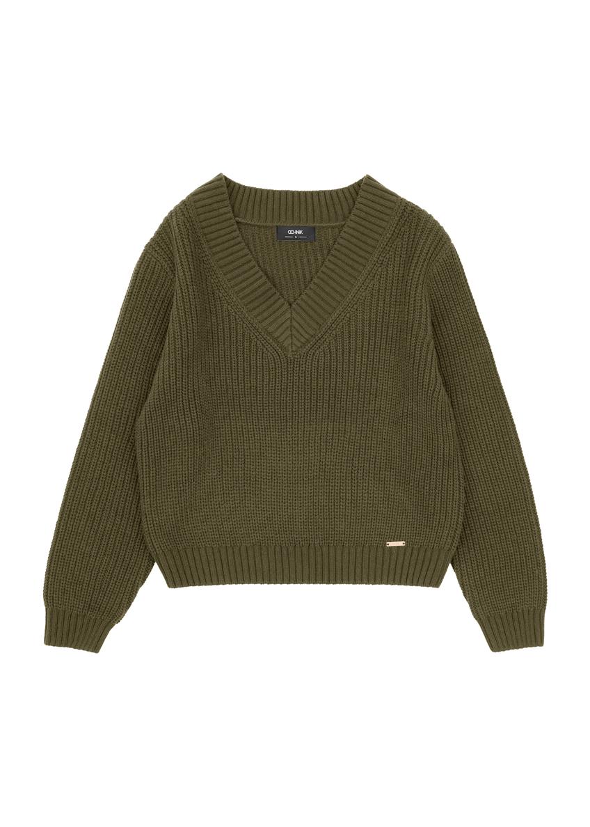 Sweter damski khaki SWEDT-0162-55(Z25), widok produktu przodem na białym tle.